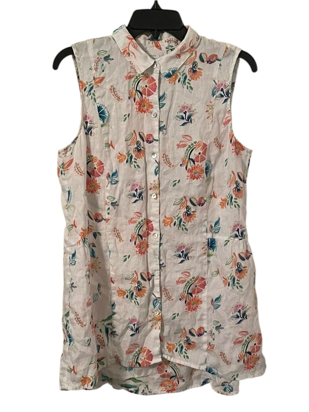 J. Jill Women's White Multicolor Floral Love Linen Sleeveless Tunic Shirt Size M